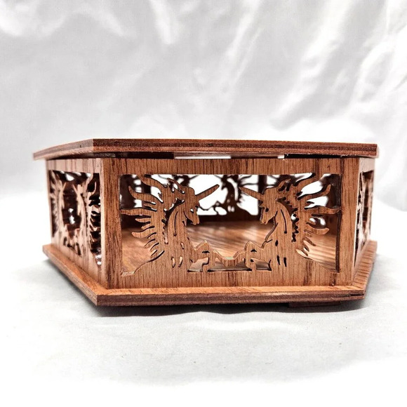 Handcrafted 6-sided Wooden Trinket Box Unicorn Laser Cut Brown Keepsake Jewelry - Picture 4 of 16